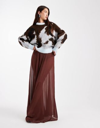 Asos Gonna lunga voluminosa in chiffon color cioccolato-Marrone