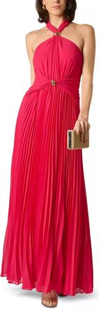 Aidan Mattox Pleated Chiffon Hardware Halter Gown In Pink Cherry