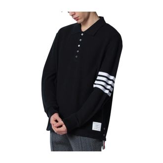 Thom Browne Polo Shirts, male, Blue, Size: L Textured Pique 4-Bar Long Sleeve Polo