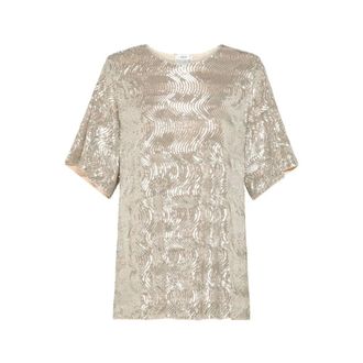 Forte_Forte Tops, Dames, Beige, S, Polyester, Sequin Embroidered Short Sleeve Tee
