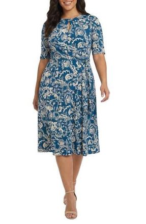 London Times Floral Elbow Sleeve Side Tie Fit & Flare Midi Dress in Blue Opal/Stonewall at Nordstrom Rack, Size 18W