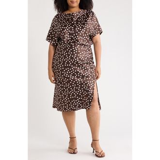 Renee C Polka Dot Short Sleeve Satin Midi Dress in Brown at Nordstrom Rack, Size 1X