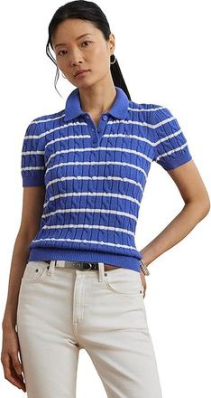 Lauren Ralph Lauren Striped Cable-knit Cotton Polo Sweater Womens Sweater Blue Lapis/White : MD