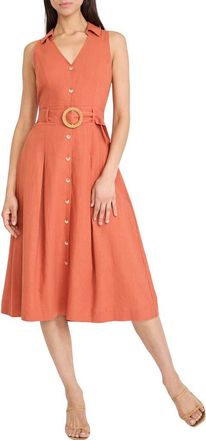 Maggy London Sleeveless Linen Blend Midi Shirtdress in Burnt Brick at Nordstrom, Size 16