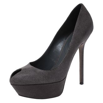 Sergio Rossi Grey Textured Leather Peep Toe Platform Pumps