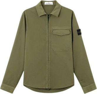 Stone Island Overhemden, Heren, Groen, XL, Katoen, Overshirt met Ritssluiting