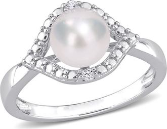 Amour 7-7.5mm Freshwater Cultured Pearl and Created White Sapphire Halo Ring In Sterling Silver