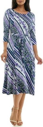 Nina Leonard Floral Stripe Three-Quarter Sleeve A-Line Dress in Purple Multi at Nordstrom Rack, Size X-Large