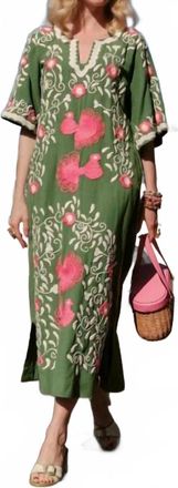 Frances Valentine Embroidered Charming Caftan In Green Peacock