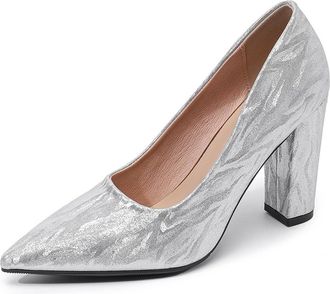 Generic Womens Shiny Blooming Pattern Closed Pointed Toe High Block Heel Pumps Elegant Party Wedding Shoes Slip On (5.5,Silver)