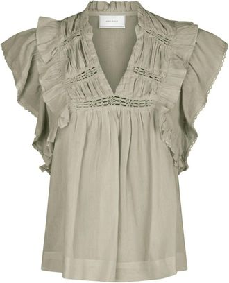 Neo Noir Ruffle Voile Top - Smoke Green - Dames - Blouses - Groen - XL - Katoen - Overhemden