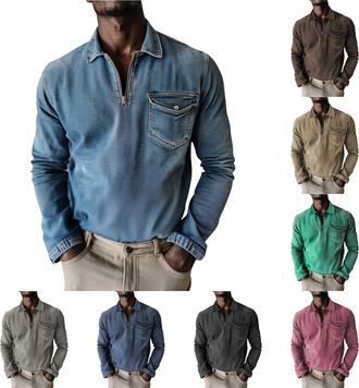 Generic Quarter Zip Pullover Men 1/4 Zipper Mens Jean Shirts Long Sleeve Vintage Denim Polo Shirt Washed Distressed Collared Tee Tops, Green, XL