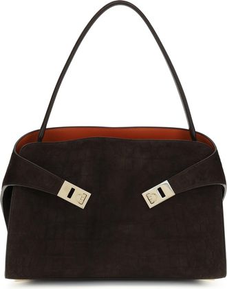Ferragamo Womens Shoulder Bag Hug Soft Dark Brown Suede Patterned Calf Leather