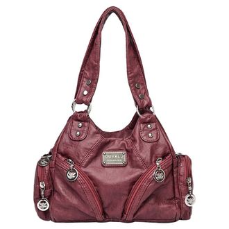Generic Women Retro Rivet Shoulder Bag Multiple Pockets Leather Tote Bag Detachable Strap Casual Underarm Bag Female Travel Handbag (Wine Red)