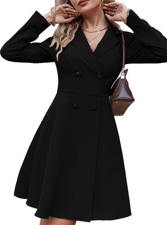 Generic Womens Trench Coat Dress,Double Breasted Classic Lapel Button V Neck Pea Coats for Women,Coat Dress for Women (Black,M)