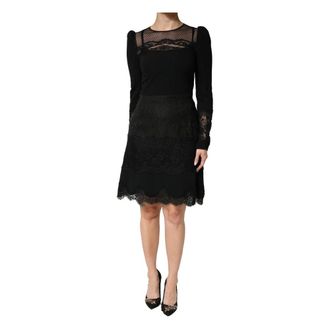Dolce & Gabbana Short Dresses, female, Black, Size: M Lace Sheer Panel Midi Long Sleeve Dress