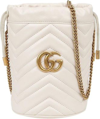 Gucci White Calfskin GG Marmont Mini Bucket Crossbody