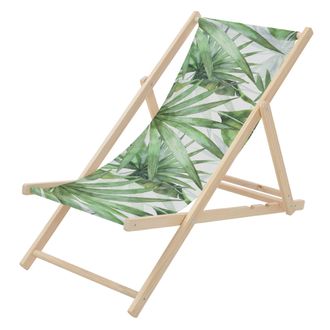 ECD Germany Ecd Germany Silla De Playa De Madera Con Dise&ntilde;o Palmera Verde-blanca Tumbona Plegable Con Respaldo Ajustable En 3 Posiciones De Reclinaci&oacute;n Asiento De