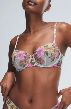 Savage x Fenty Mod Poppy Unlined Lace Balconette Bra in Morning Grey Floral at Nordstrom, Size 38Dd