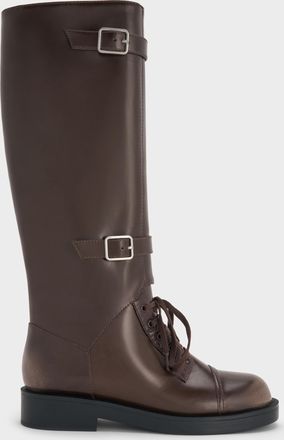 Charles & Keith Burnished Double-Buckle Combat Knee-High Boots