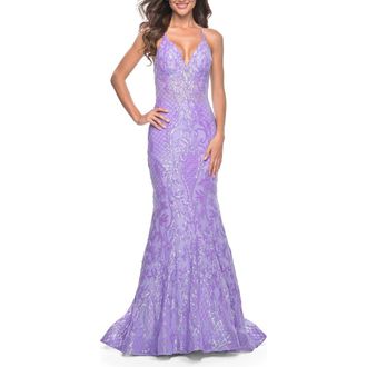 La Femme Neon Mermaid Print Sequin Dress with Lace Up Open Back in Lavender at Nordstrom, Size 12