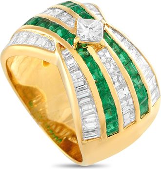 Luxury Bazaar 18K Yellow Gold 2.67 ct Diamond and 1.76 ct Emerald Wide Band Ring MF31-101025