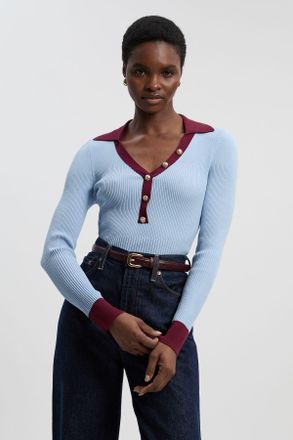 Karen Millen Womens Knit Rib With Contrast Hem Detail Collared Top - Light Blue Polyamide - Size X-Small