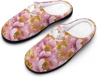 Generic Peony Floral Womens Cotton Slipper Comfortable Cozy Plush Slippers Anti-Skid Indoor House Closed Toe Shoes