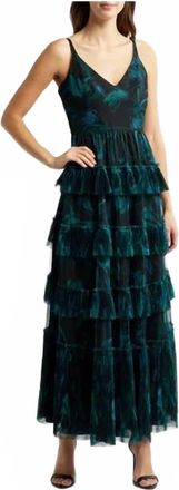 Hutch Freya V-Neck Tiered Ruffle Gown In Dark Blue