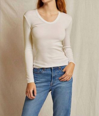 perfectwhitetee Luxe Ribbed Long Sleeve U Neck Tee In Sugar