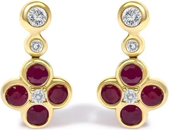 House of Brilliance 14K Yellow Gold 1/10 Cttw Diamond and Ruby Floral Dangle Earrings