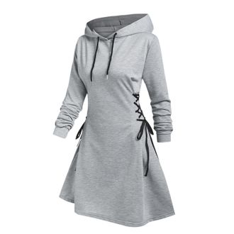 Generic Womens Long Sleeve Sweatshirt Dress Midi A-Line Drawstring Hoodie Dress Ladies Solid Color Double Waisted Lace Up Gifts Holiday Essential