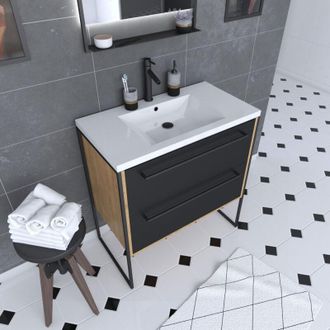 Aurlane Aurlane - Mueble De Ba&ntilde;o 80x50 Cm - Lavabo Blanco 80x50 Cm - 2 Cajones Negro Mate
