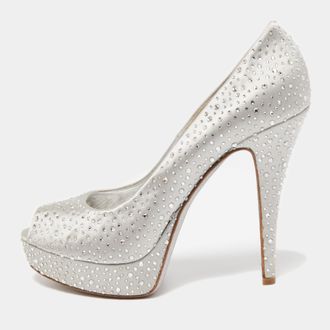 Loriblu Silver Satin Crystal Embellished Peep Toe Platform Pumps