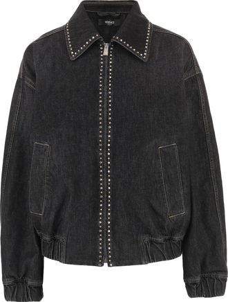 Versace Studded Black Cotton Jacket with Zip Closure