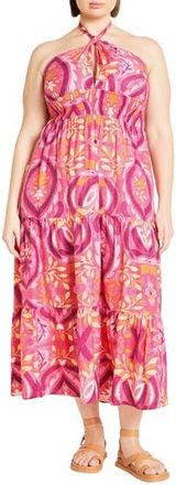City Chic Dallas Halter Dress in Summer Tile Pink at Nordstrom Rack, Size Xxl/24W