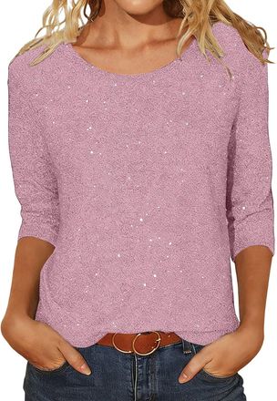 Generic Sparkly Tops for Women UK 3/4 Sleeve Shirts Trendy Casual T-Shirts Sparkle Sequin Tops Evening Party Clubbing Tshirt Plus Size Glitter Tees Loose Fit 