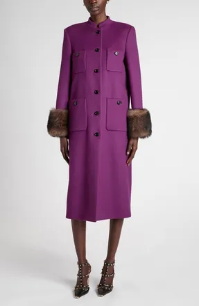 Valentino Garavani Compact Drape Wool & Cashmere Coat with Genuine Shearling Cuffs in Purple at Nordstrom, Size 40