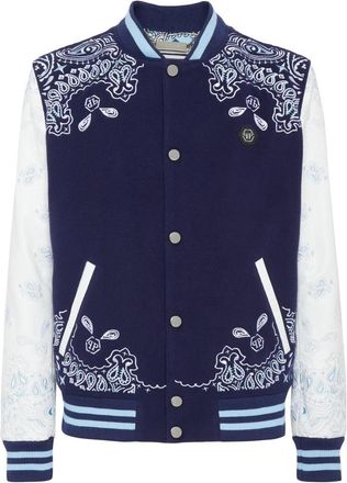 Philipp Plein Wool and Leather Bomber Paisley Foulard - Heren - Bomber jackets - Blauw - S - Wol - Jassen