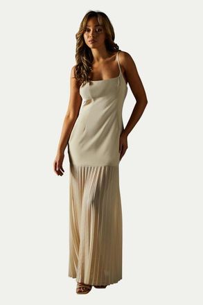 Misspap Square Neck Pleated Chiffon Maxi Dress in Nude at Nordstrom, Size 12