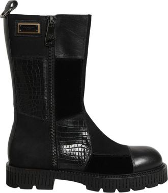 Dolce & Gabbana Patchwork Leren Laarzen tot Halverwege de Kuit - Heren - Hoge Laarzen - Zwart - 45 EU - Katoen - Schoenen