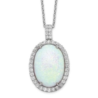 Diamond2Deal Sterling Silver Cabochon Lab Created Opal and Cubic Zirconia Oval Halo Necklace 18
