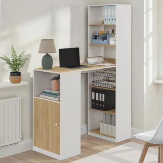 IDMarket Mesa De Bar Lung Con Almacenaje Y Armario Para 2 En Blanco Y Madera