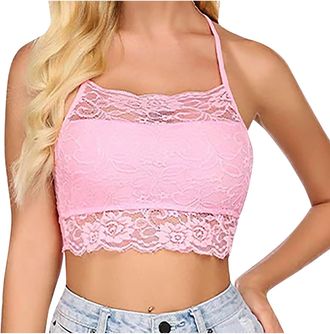 Generic Lace Bralette for Women Y2K High Neck Camisoles Racerback Double-Layered Crop Top Ladies Spaghetti Strap Tank Top Pink