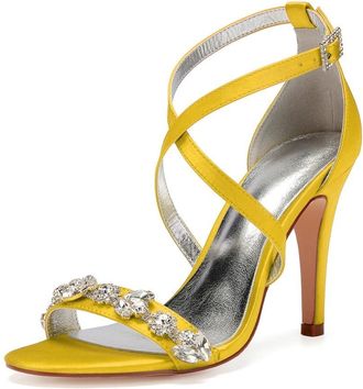 Generic Womens High Bridal Open Toe Ankle Strap Heels Stilettos Sexy Dress Shoes Wedding Bridal Pumps Sandals 10.5Cm,Yellow,3 UK