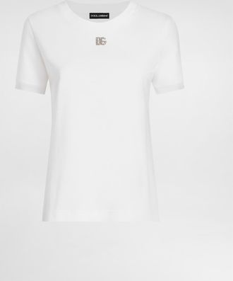 Dolce & Gabbana Cotton T-shirt With Crystal Dg Logo - Woman T-shirts And Sweatshirts White Cotton 54
