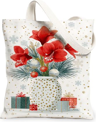 Generic Christmas Floral Canvas Tote Bags, Vintage Flowers Plant Design Reusable Grocery Bags, Festive Lightweight Washable Shoulde, White, 13x15 Inch