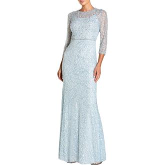 Mac Duggal Beaded Embroidery Elbow Sleeve Column Gown in Powder Blue at Nordstrom, Size 10