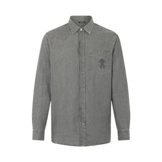 Roberto Cavalli Denim Shirts, male, Black, Size: 2XL Grey Cotton Shirt with Embroidered Logo
