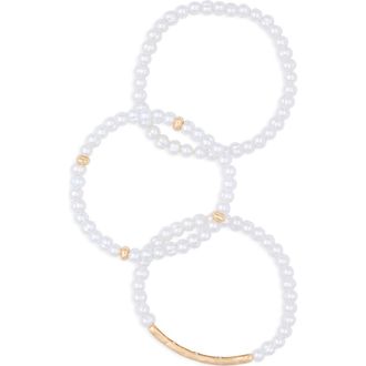 Nordstrom Rack Set of 3 Faux Pearl Beaded Stretch Bracelets in White- Gold at Nordstrom Rack